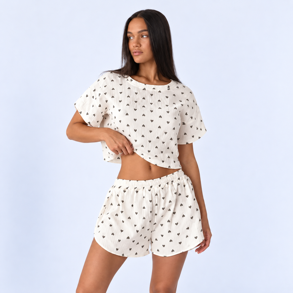 Pyjama short femme en coton à petits cœurs