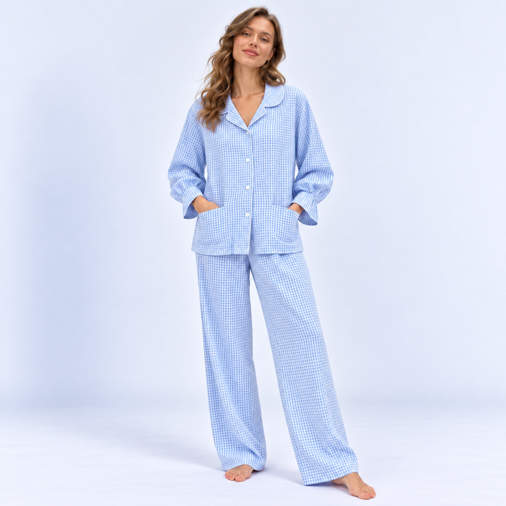 Pyjama long femme vichy bleu à volants