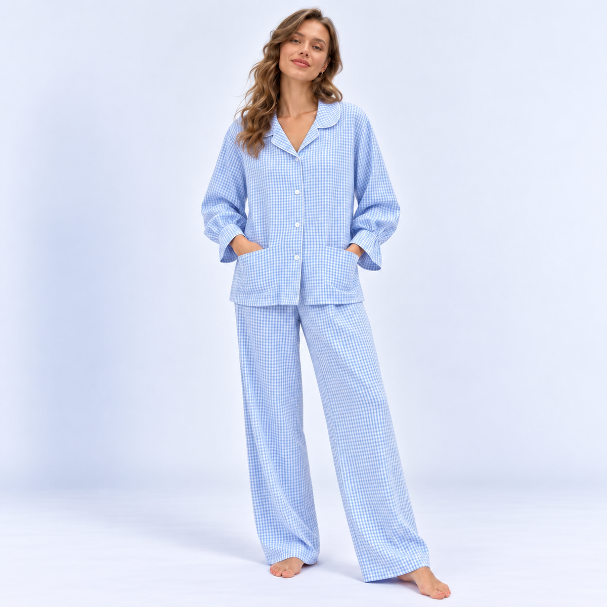 Pyjama long femme vichy bleu à volants