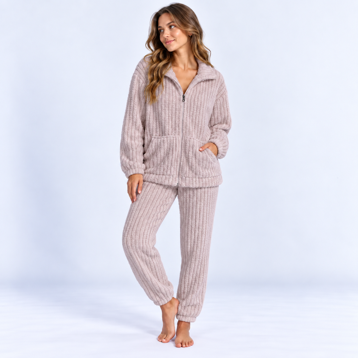 Pyjama long femme en flanelle avec veste zippée