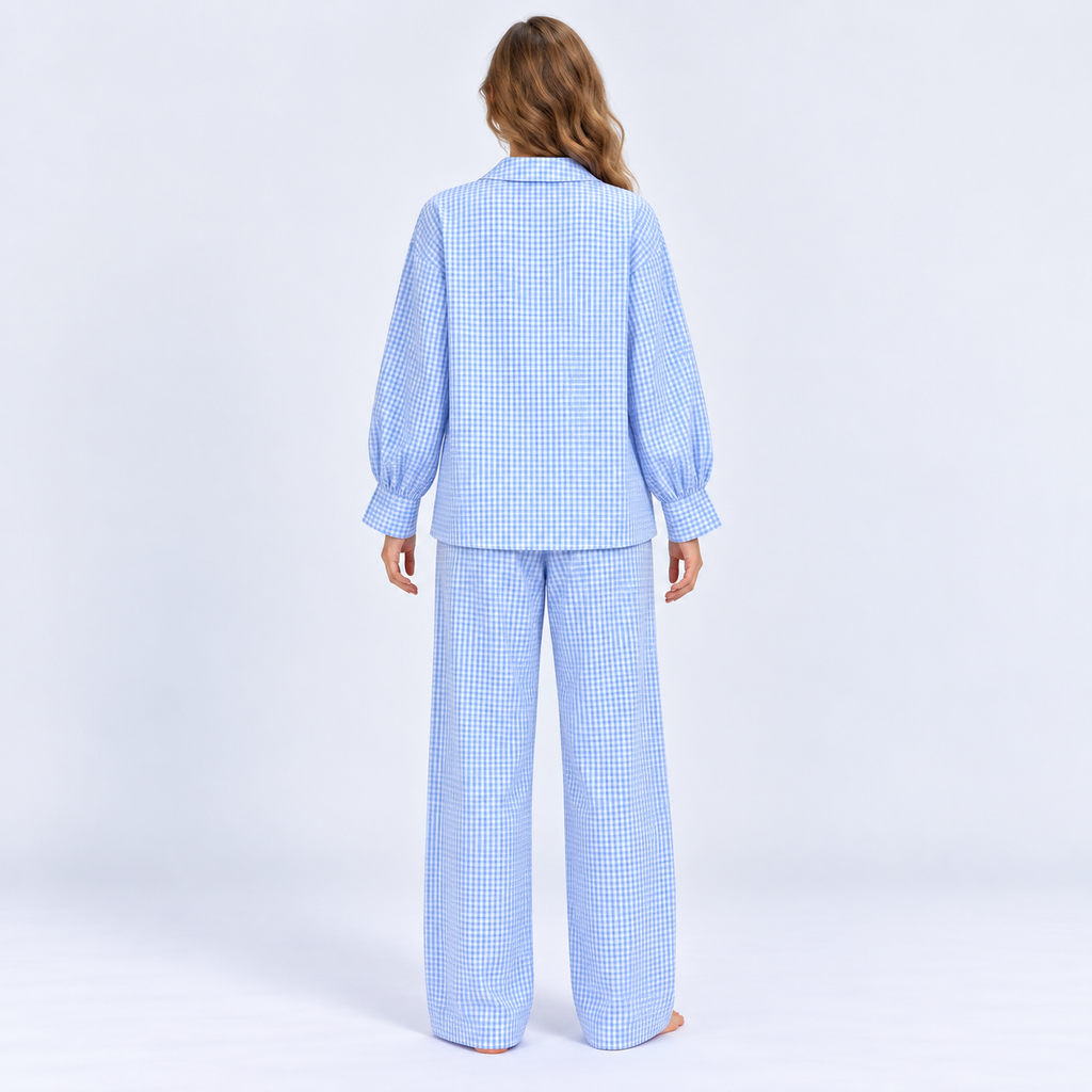 Pyjama long femme vichy bleu à volants
