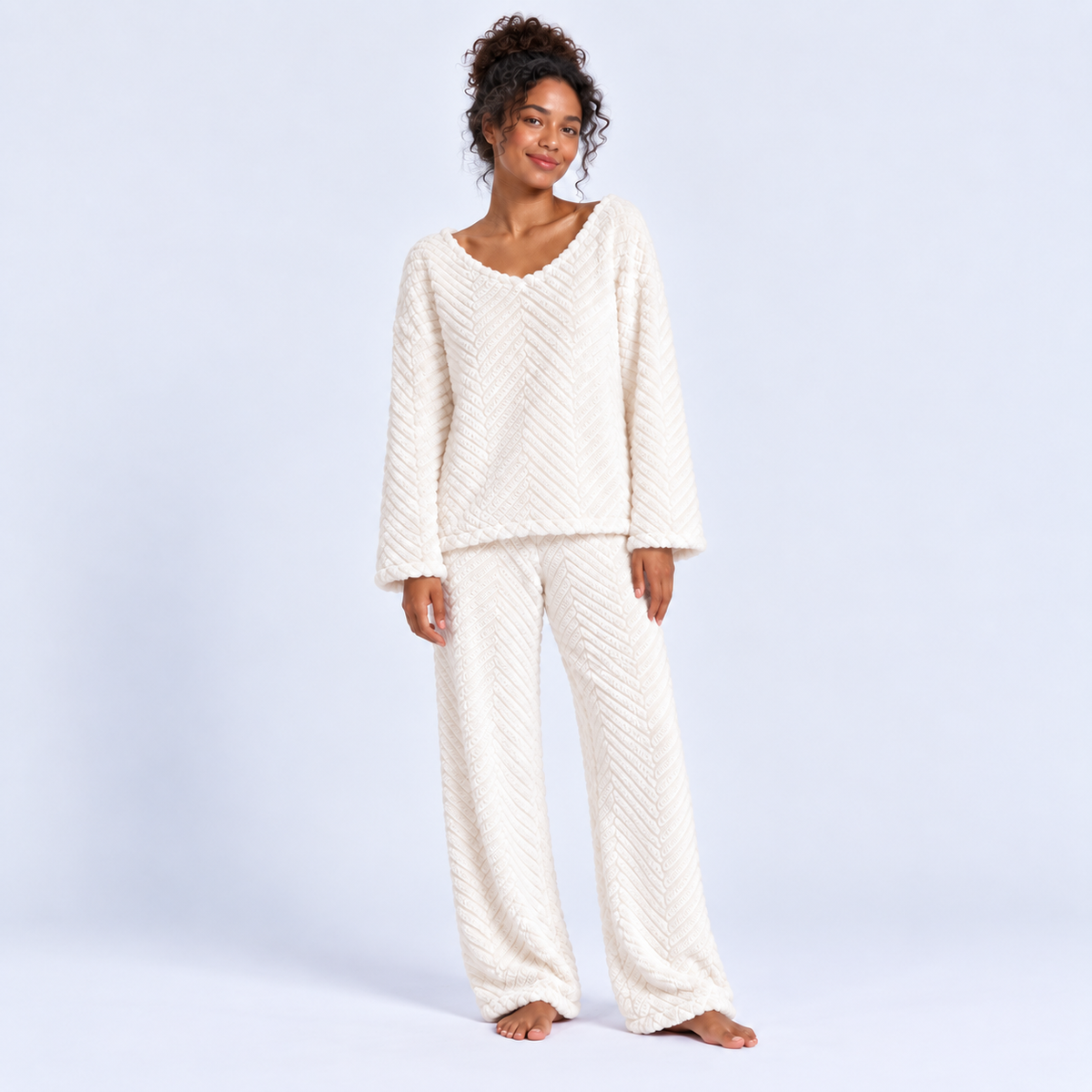 Pyjama long femme en flanelle épaisse à col V