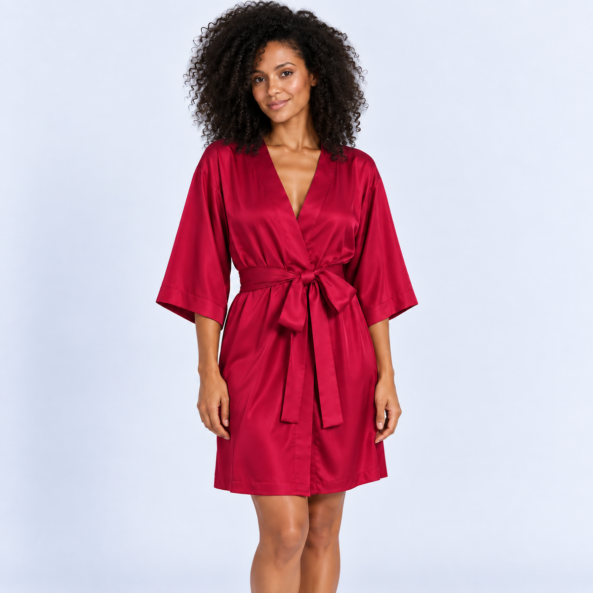 Peignoir satiné femme à nouer, manches trois-quarts
