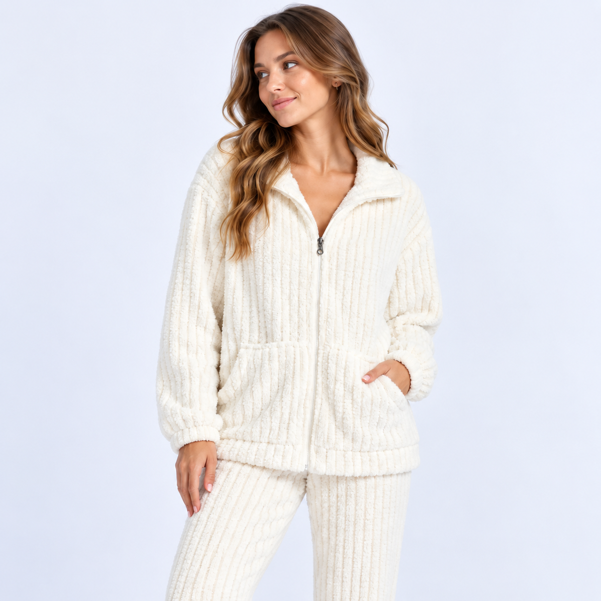 Pyjama long femme en flanelle avec veste zippée