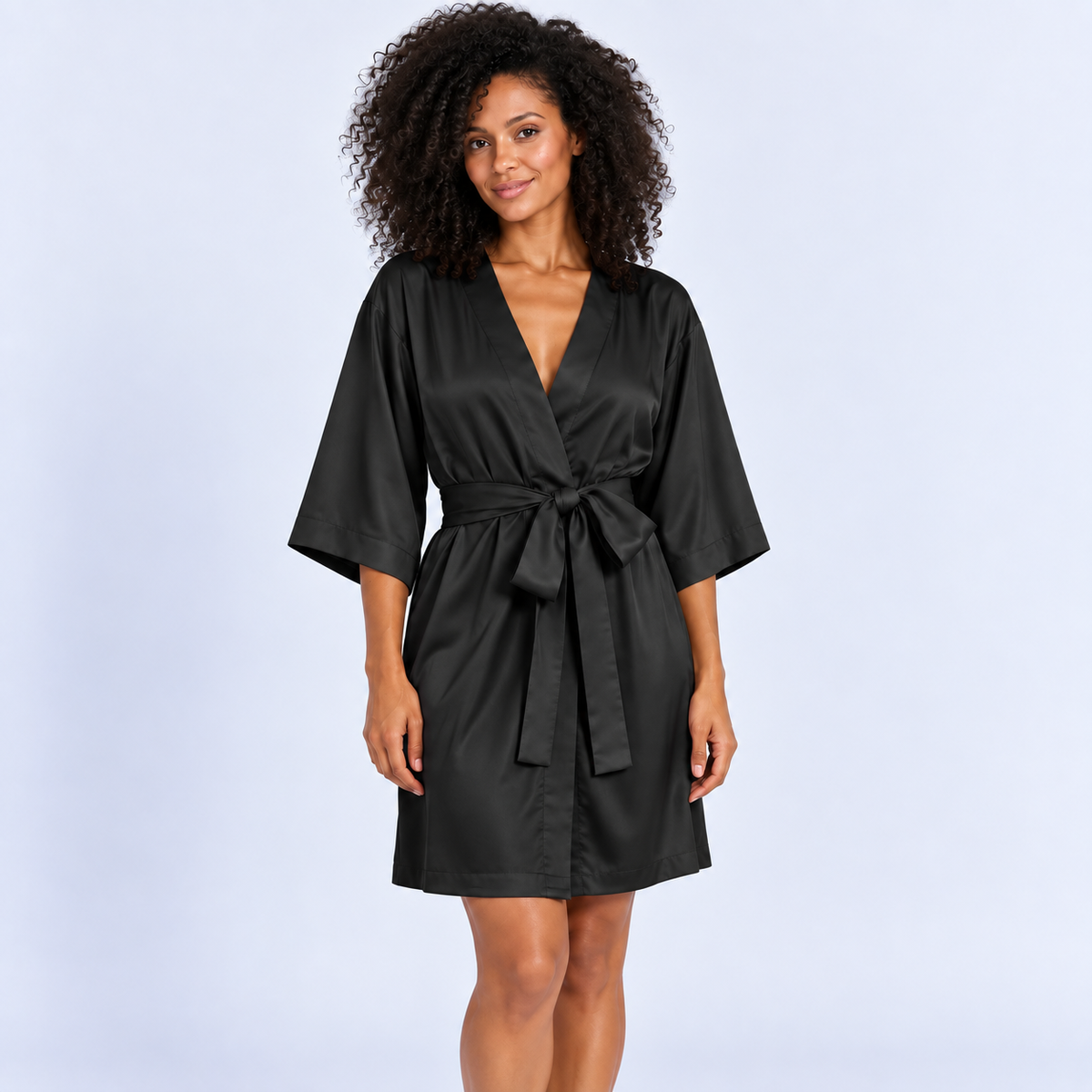 Peignoir satiné femme à nouer, manches trois-quarts