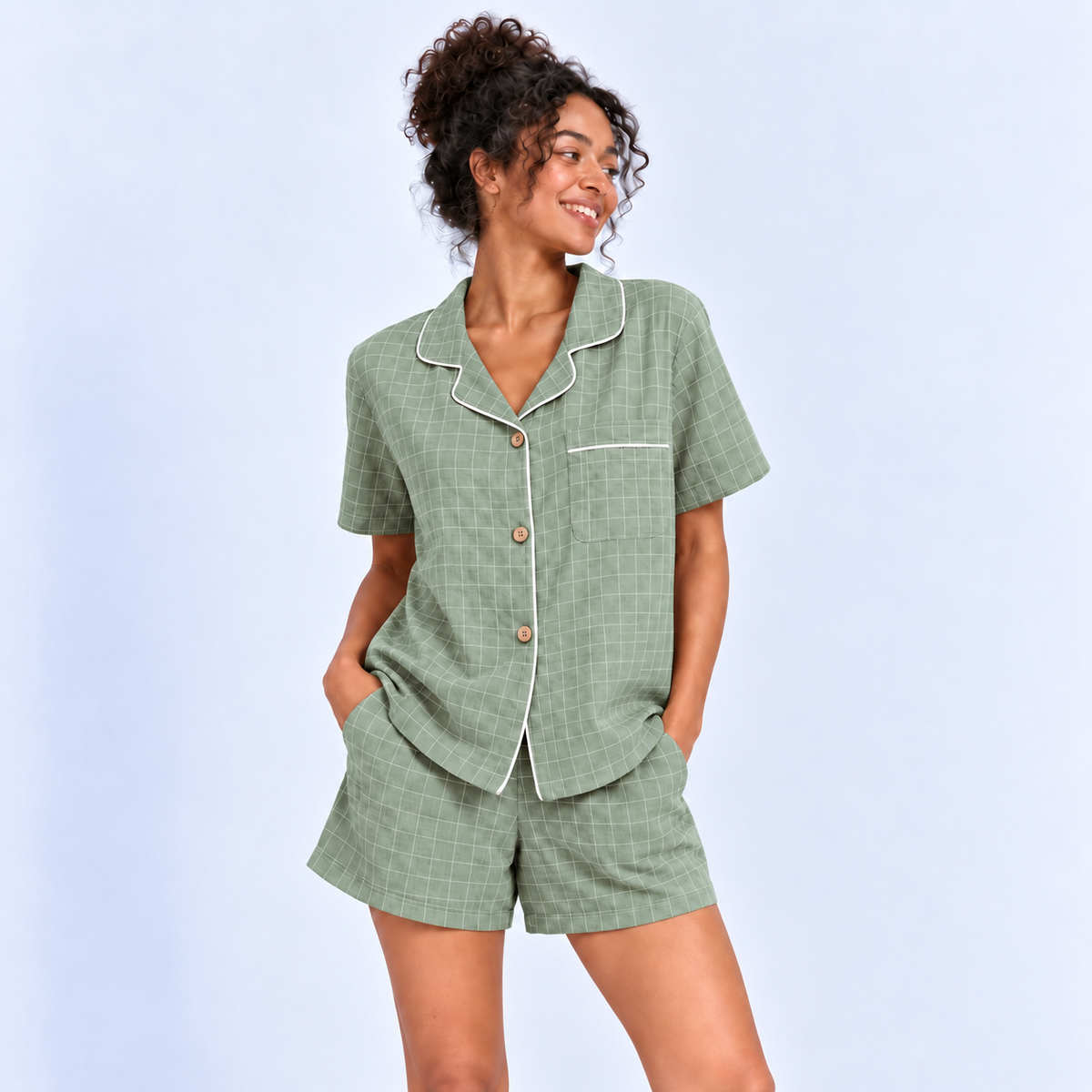Pyjama short femme en coton à petits carreaux