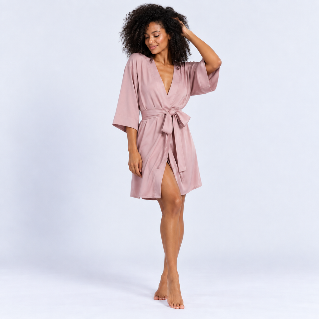 Peignoir satiné femme à nouer, manches trois-quarts