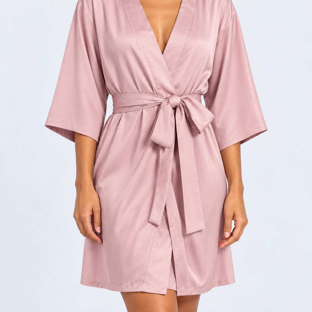Peignoir satiné femme à nouer, manches trois-quarts