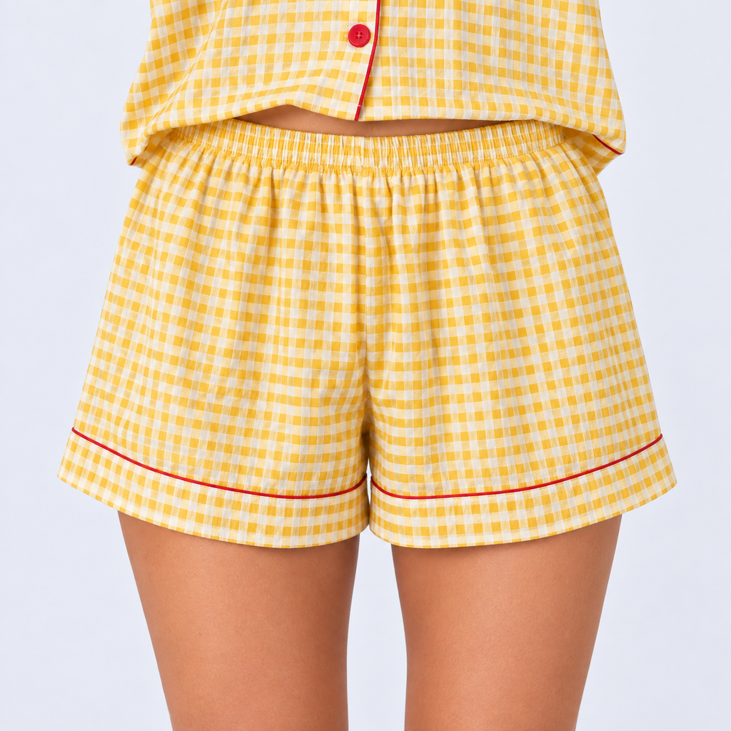 Pyjama short femme vichy jaune à finitions rouges