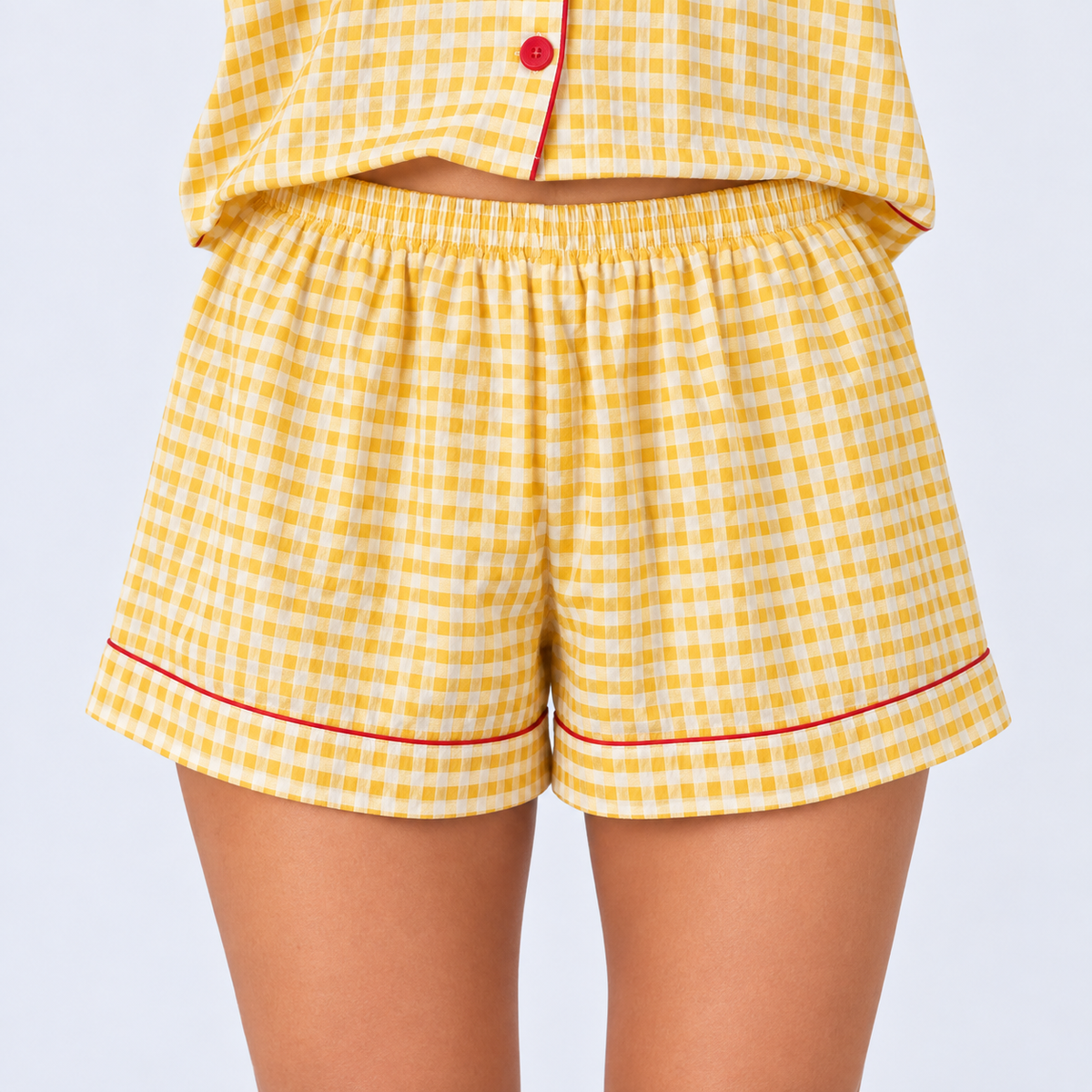 Pyjama short femme vichy jaune à finitions rouges