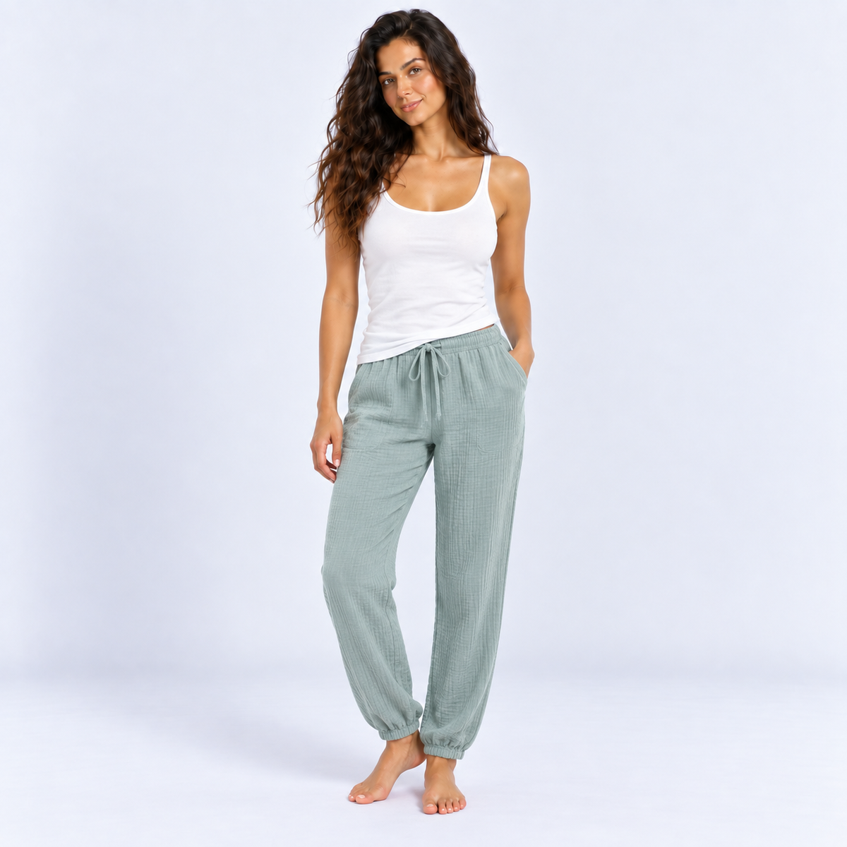 Pantalon de pyjama femme en gaze de coton uni
