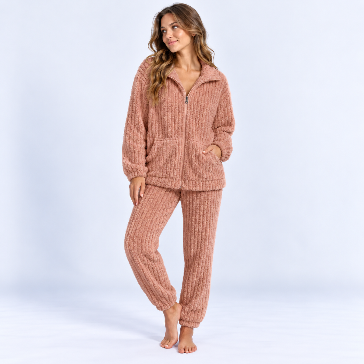 Pyjama long femme en flanelle avec veste zippée