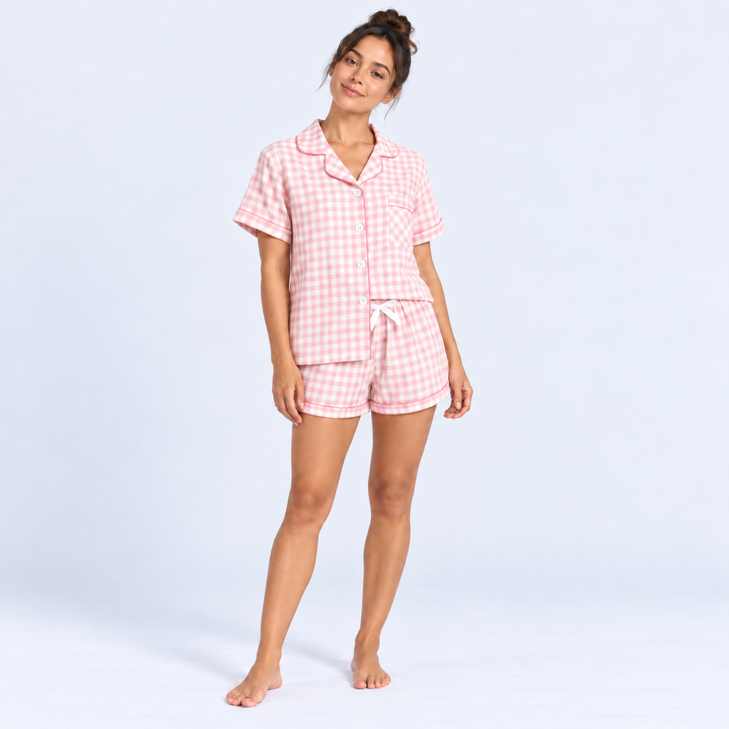 Pyjama short femme vichy rose avec chemise
