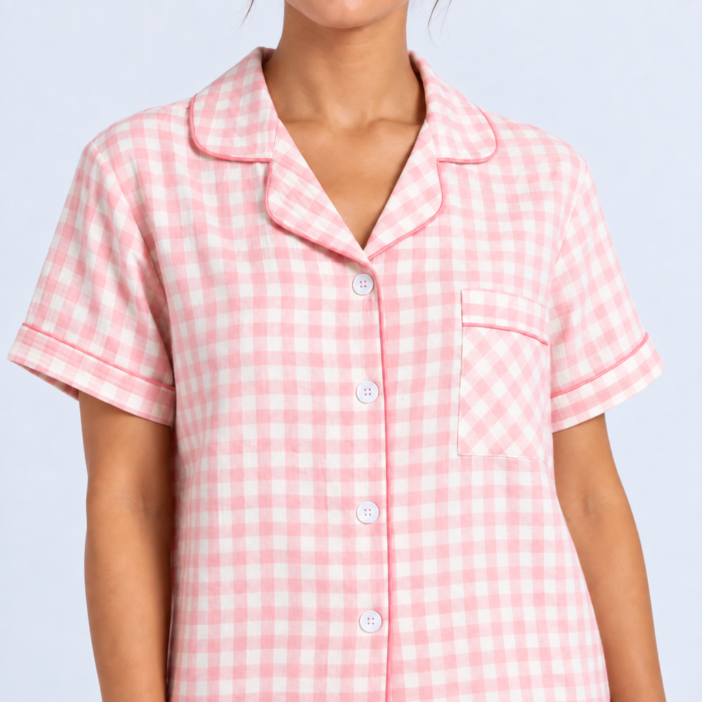 Pyjama short femme vichy rose avec chemise