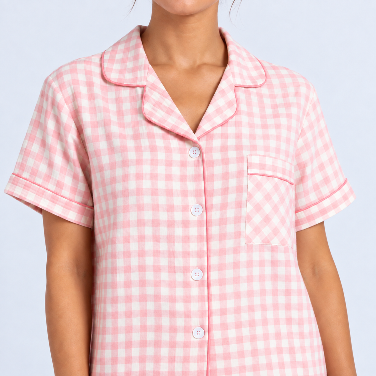 Pyjama short femme vichy rose avec chemise