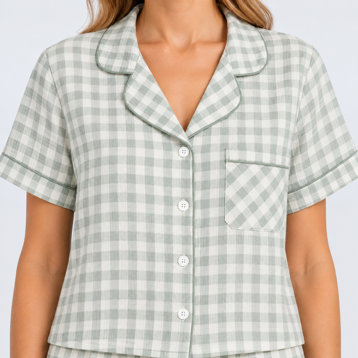 Pyjama short femme vichy vert avec chemise