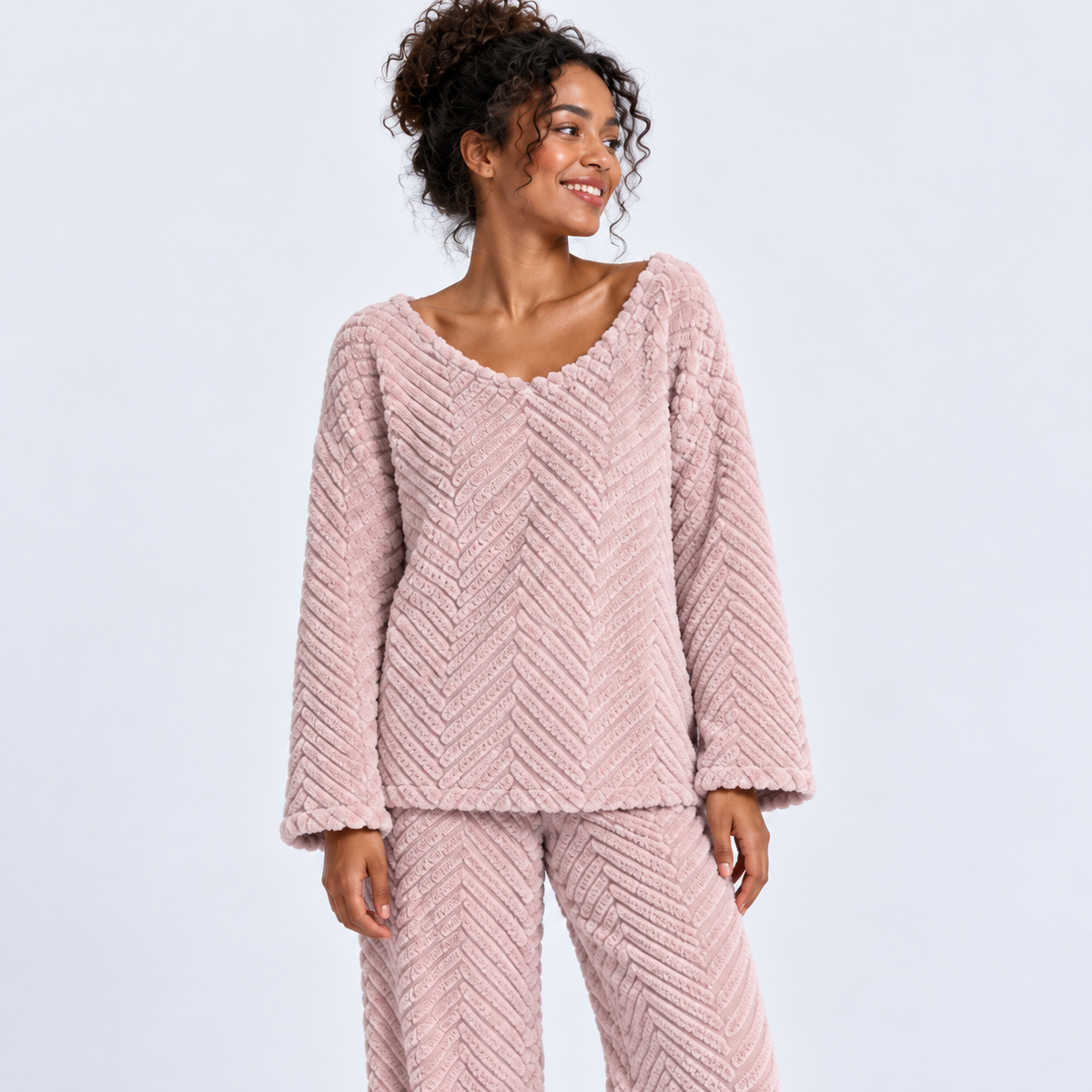 Pyjama long femme en flanelle épaisse à col V