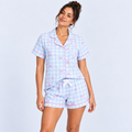 Pyjama short femme vichy bleu à nœuds roses