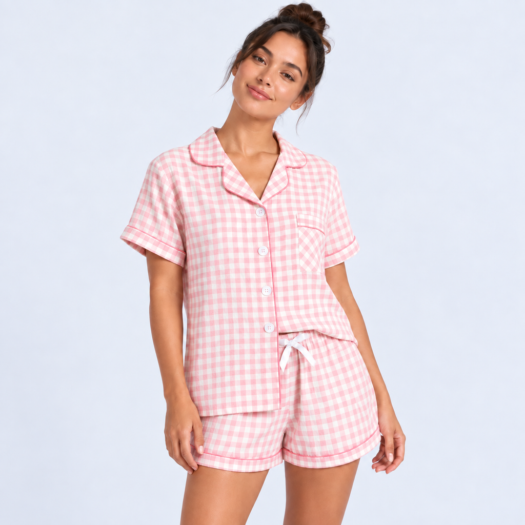 Pyjama short femme vichy rose avec chemise