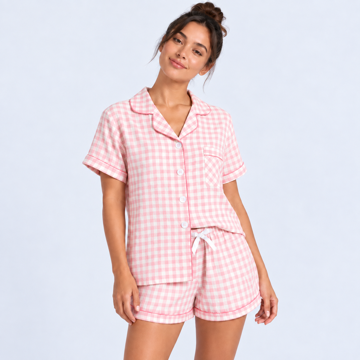 Pyjama short femme vichy rose avec chemise
