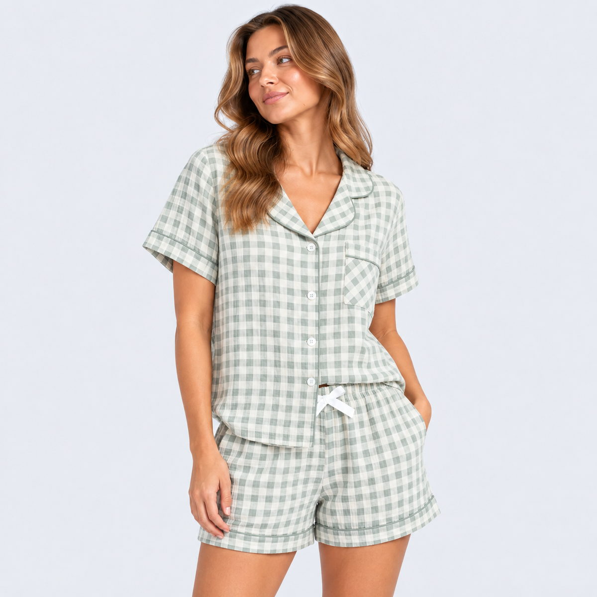 Pyjama short femme vichy vert avec chemise