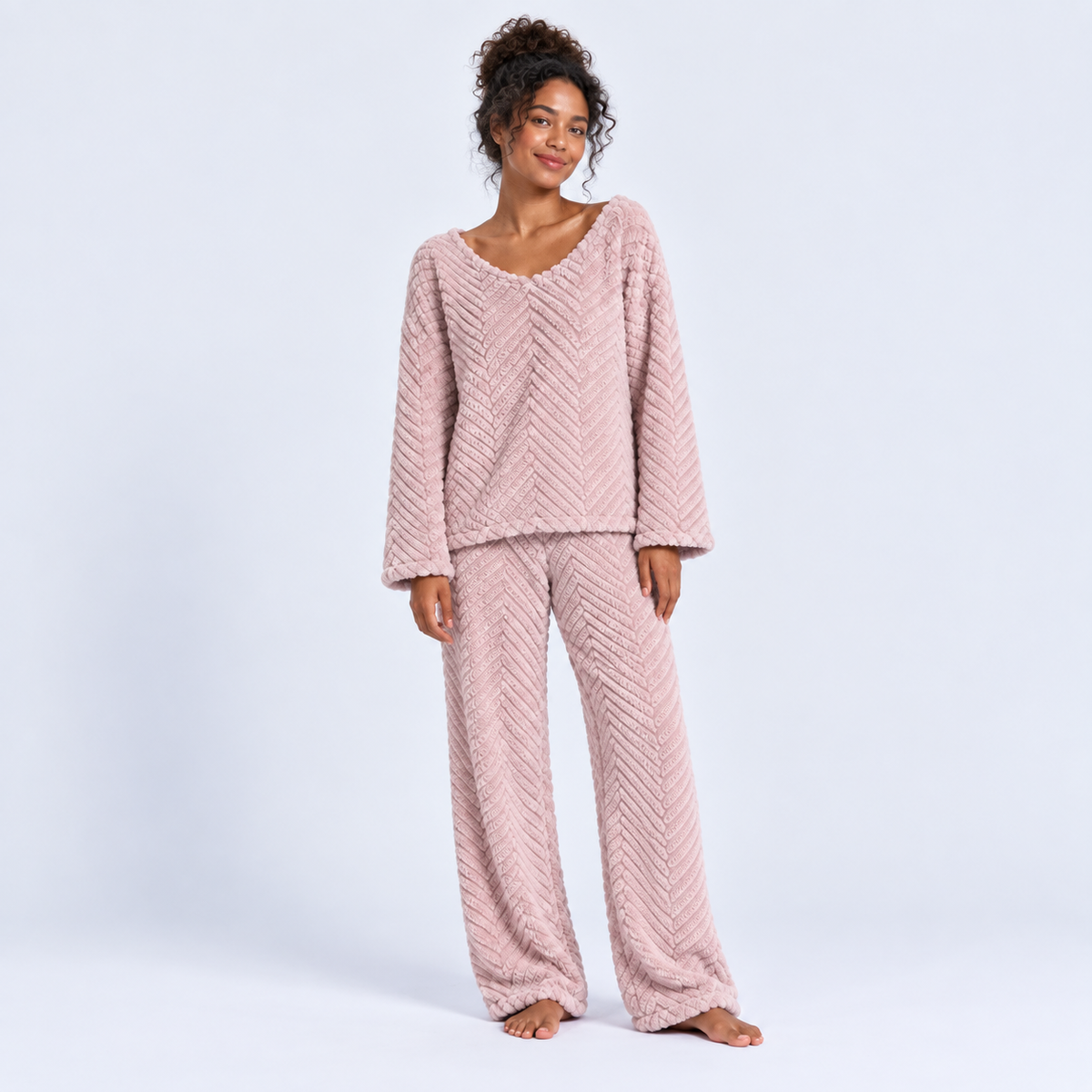 Pyjama long femme en flanelle épaisse à col V