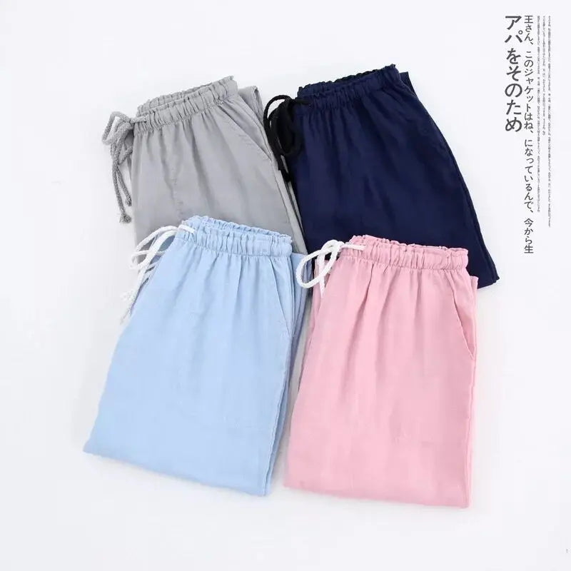 Pantalon de pyjama femme en gaze de coton à cordon