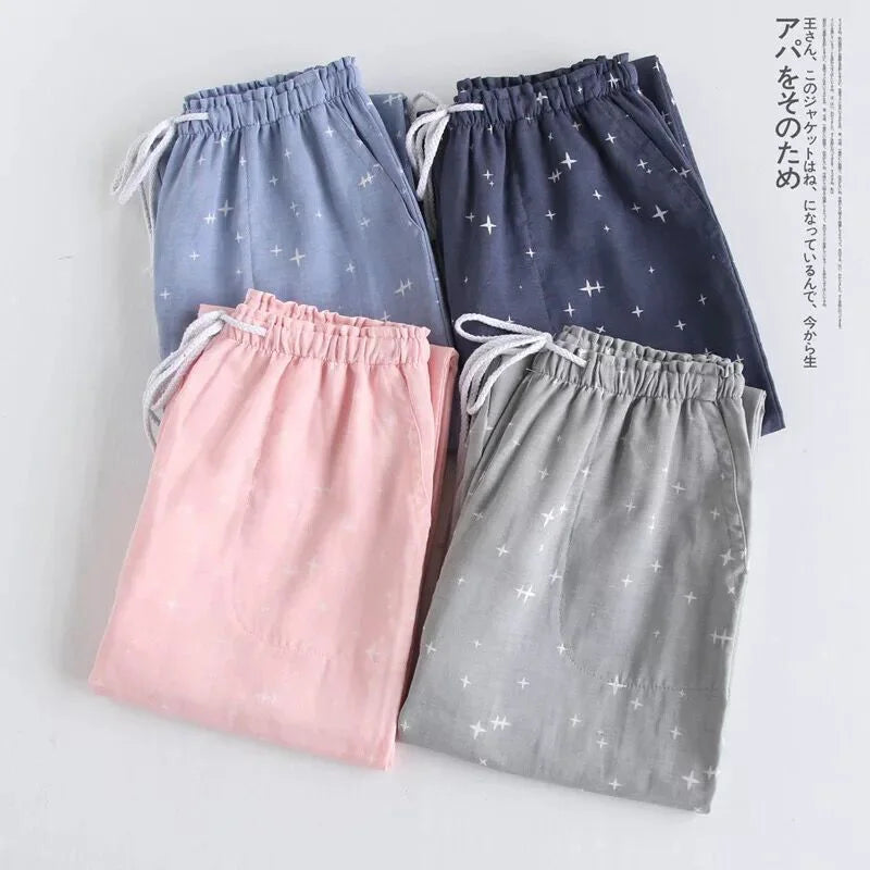 Pantalon de pyjama femme en gaze de coton à cordon