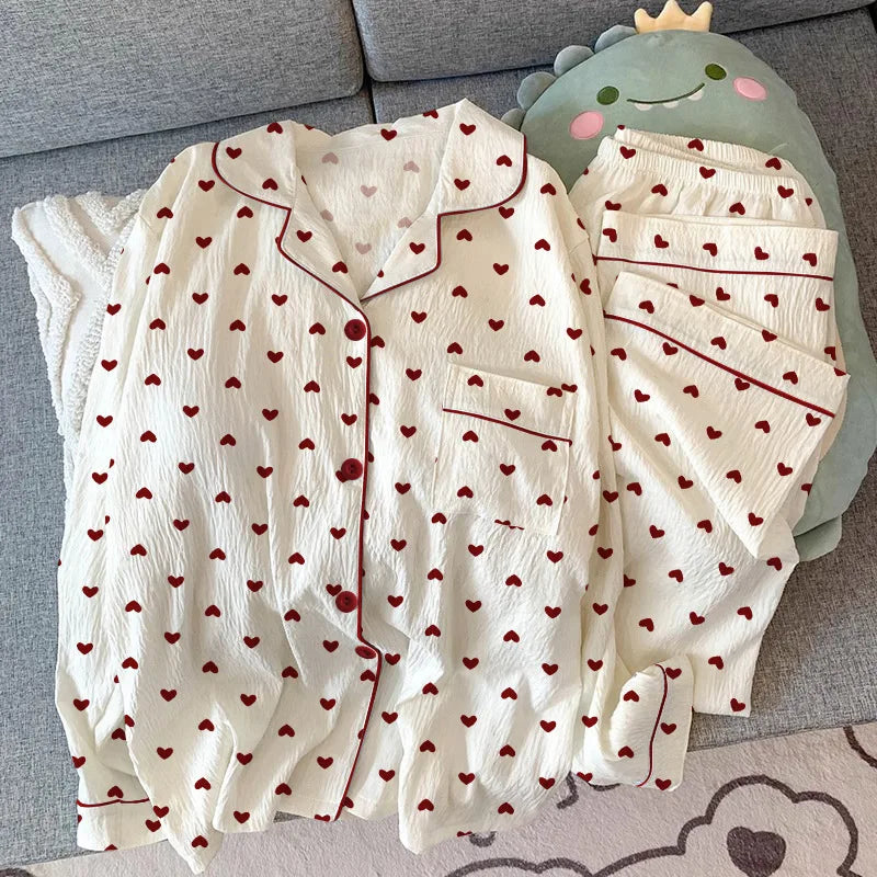 Pyjama femme blanc à petits cœurs rouges