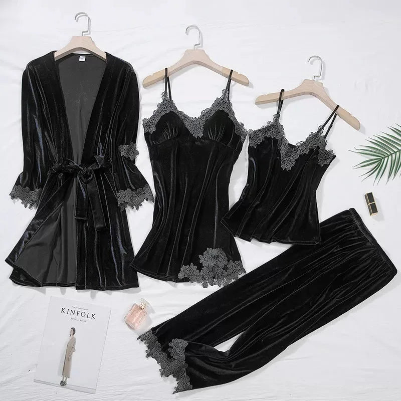 Ensemble nuit femme 4 pièces en velours et dentelle