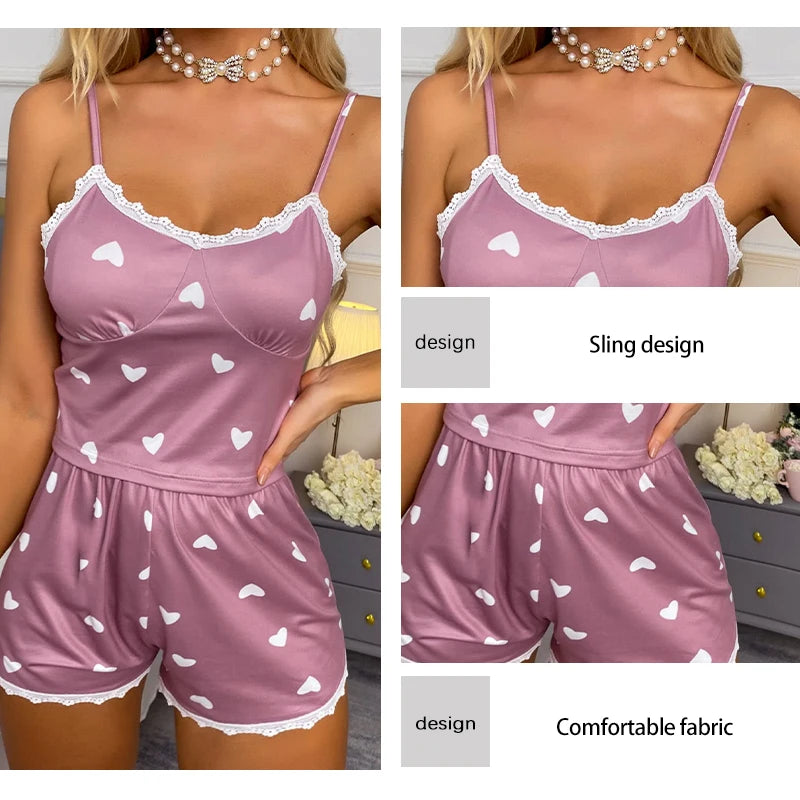 Pyjama femme violet à cœurs avec dentelle