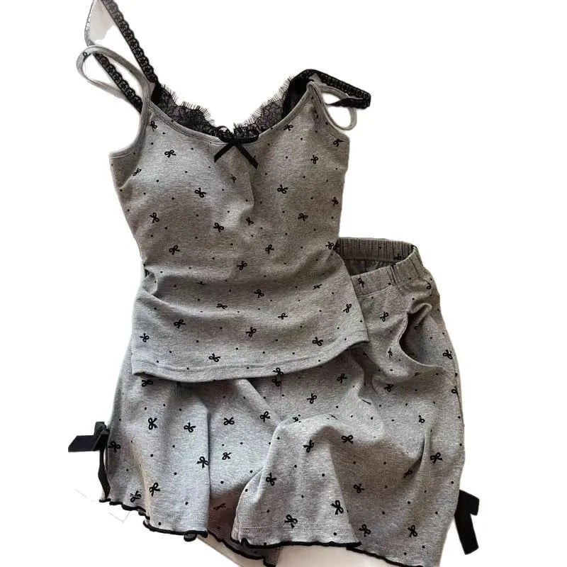 Pyjama femme gris à nœuds avec caraco et short