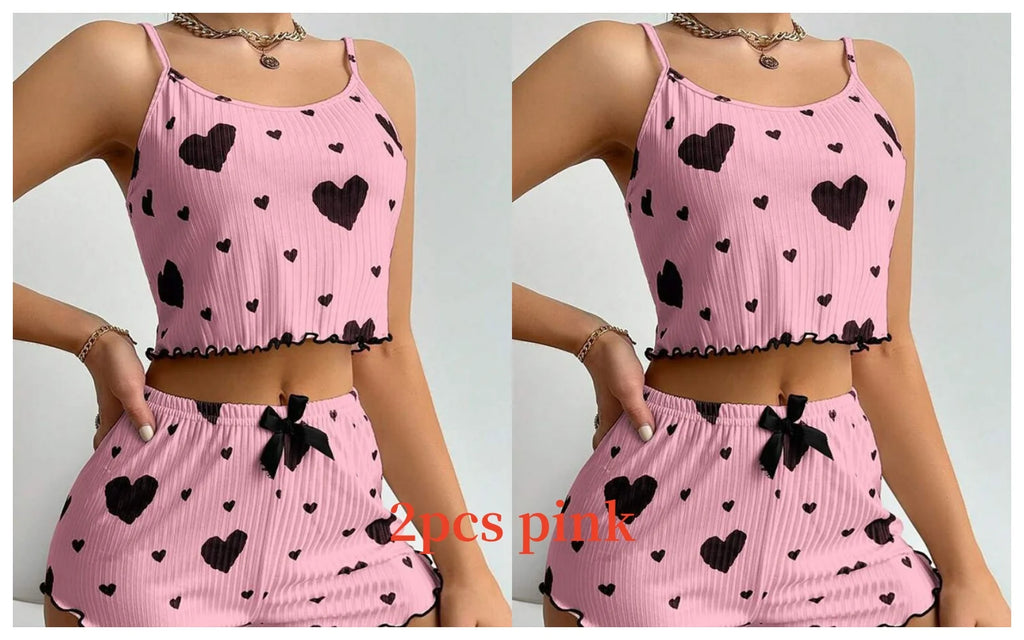Pyjama short femme côtelé à imprimé cœur