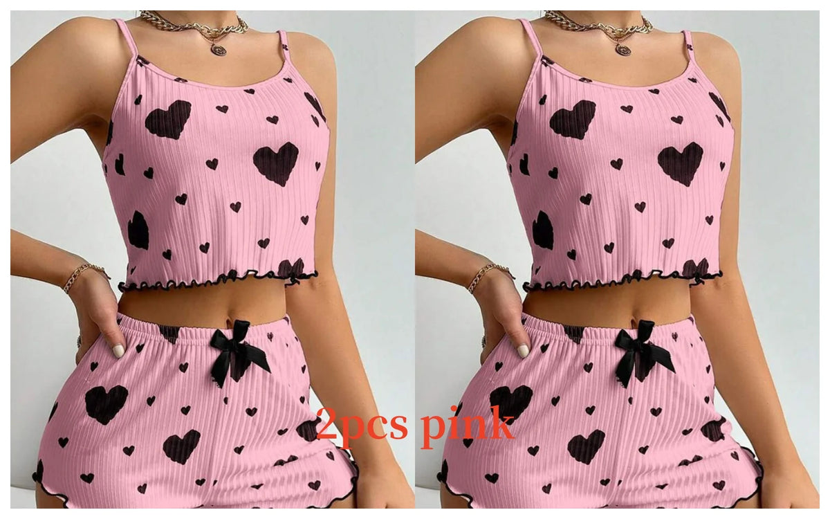 Pyjama short femme côtelé à imprimé cœur