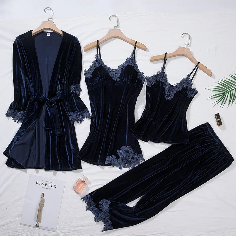 Ensemble nuit femme 4 pièces en velours et dentelle