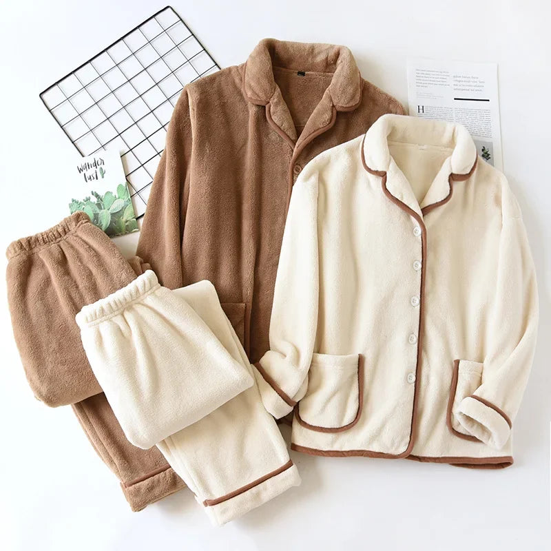 Ensemble pyjama femme épais en flanelle avec passepoils