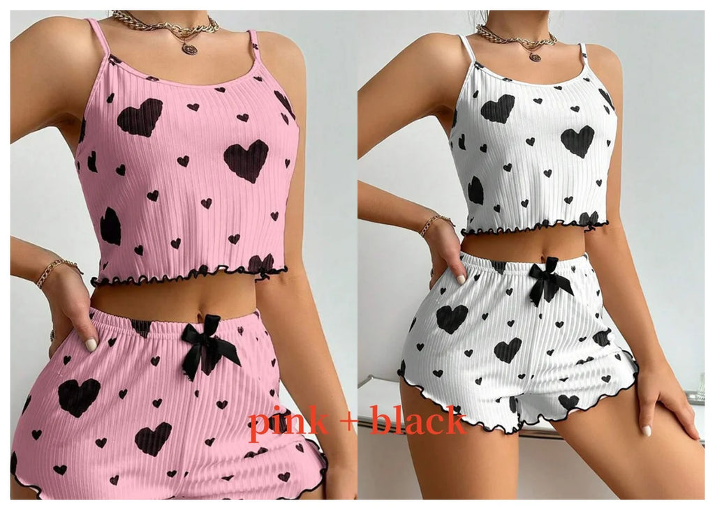 Pyjama short femme côtelé à imprimé cœur