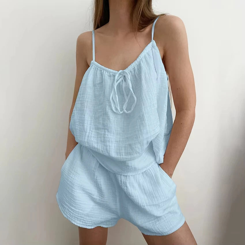 Pyjama short femme en coton gaufré