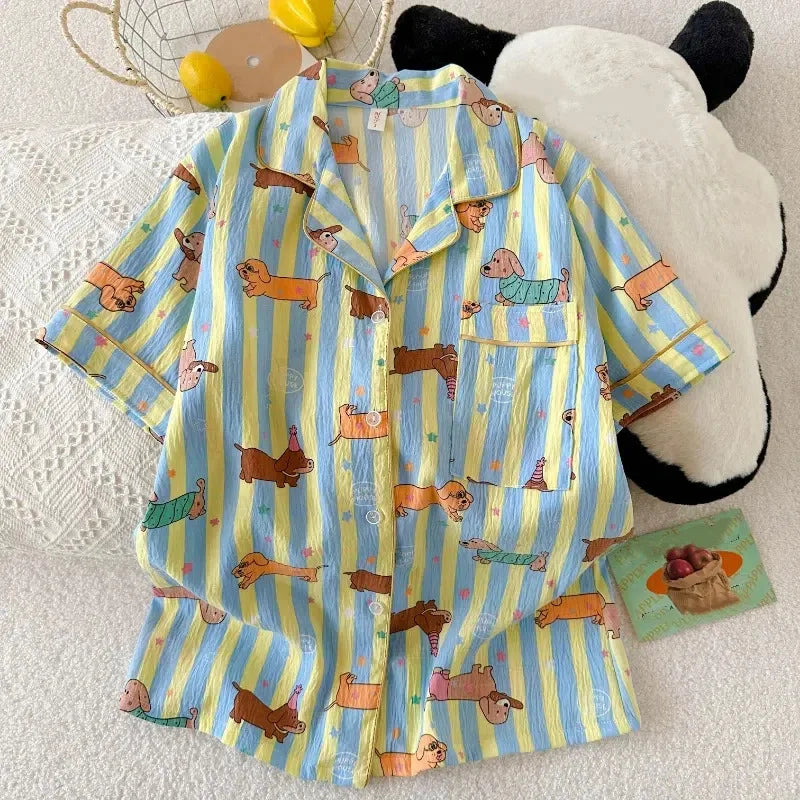 Pyjama femme rayé bleu et jaune à imprimé chien