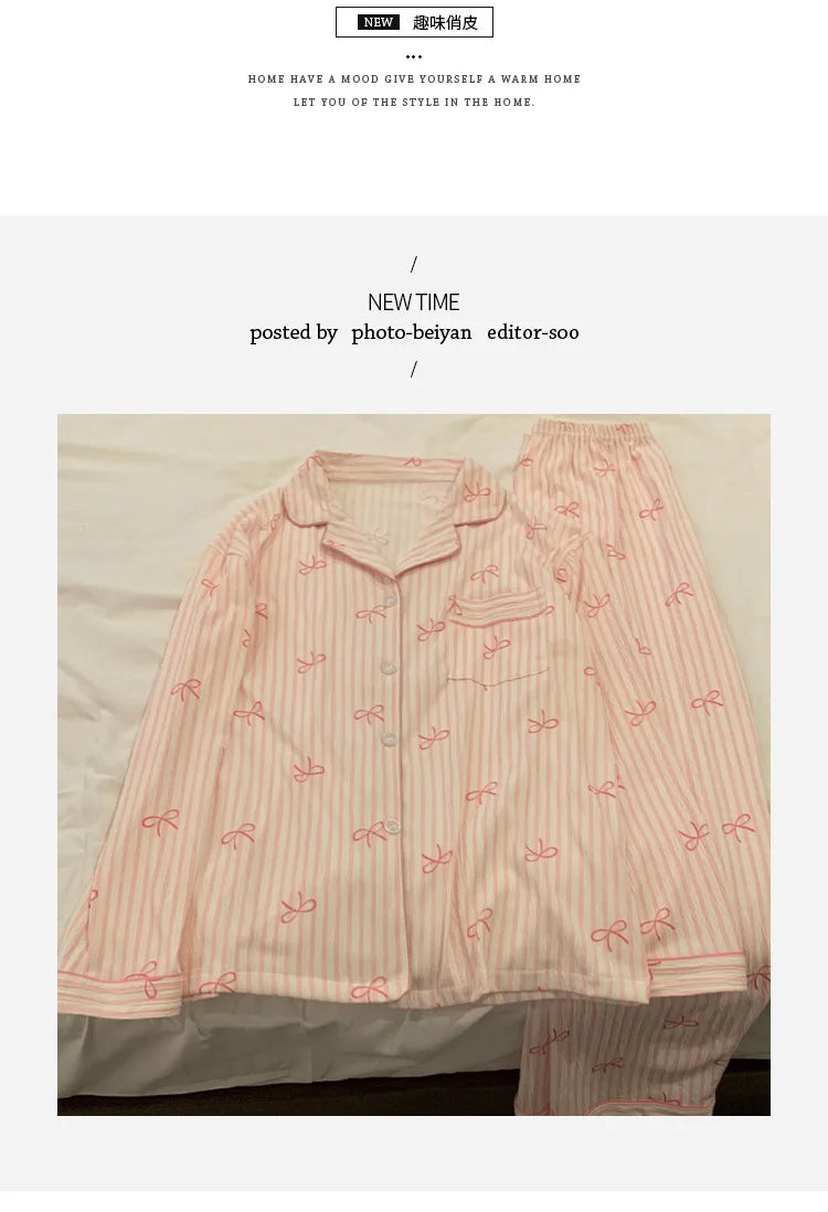 Pyjama femme rose rayé à imprimé nœuds