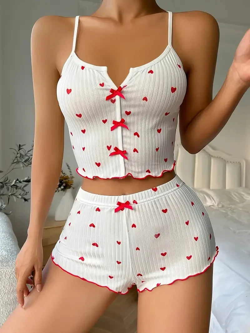 Ensemble pyjama femme côtelé à petits cœurs