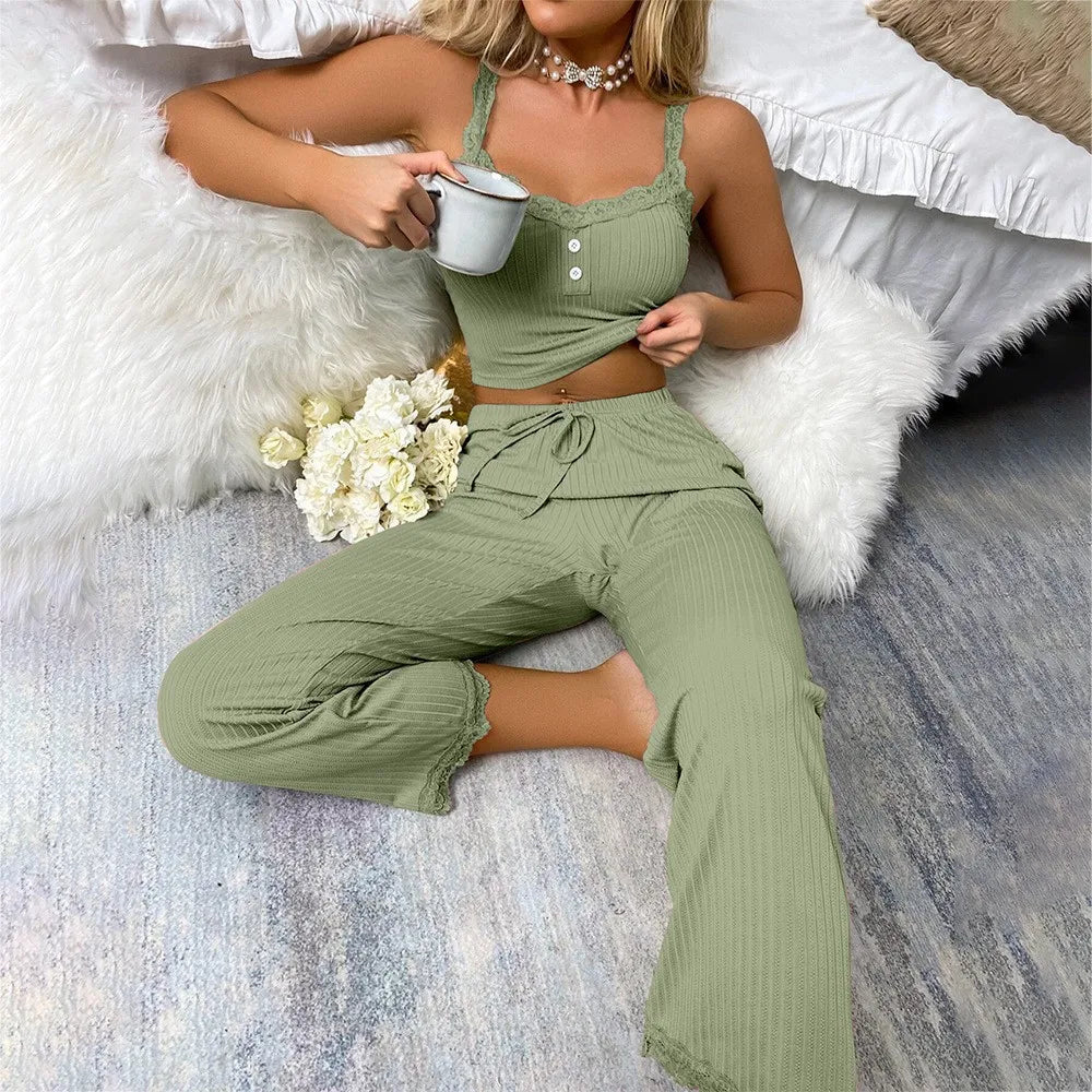 Pyjama femme côtelé avec caraco et pantalon évasé