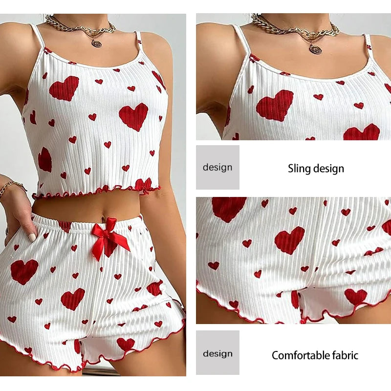 Pyjama short femme côtelé à imprimé cœur