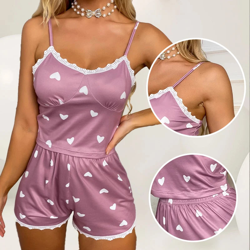Pyjama femme violet à cœurs avec dentelle