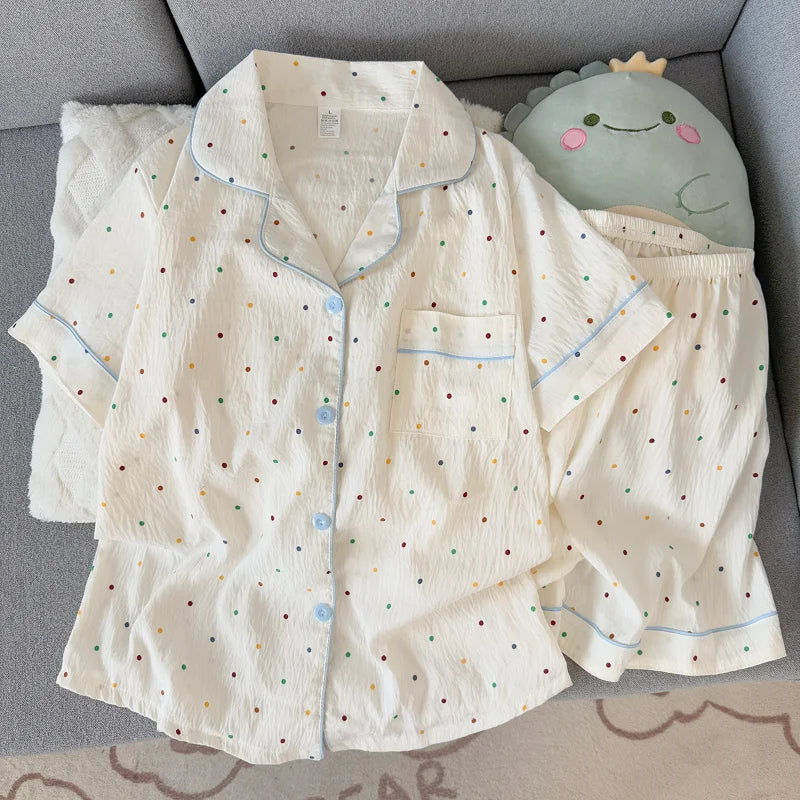 Pyjama femme en coton bleu à pois avec short
