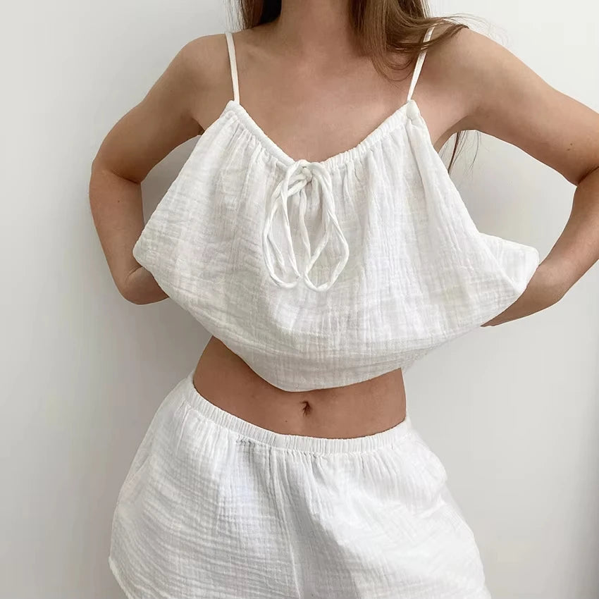 Pyjama short femme en coton gaufré