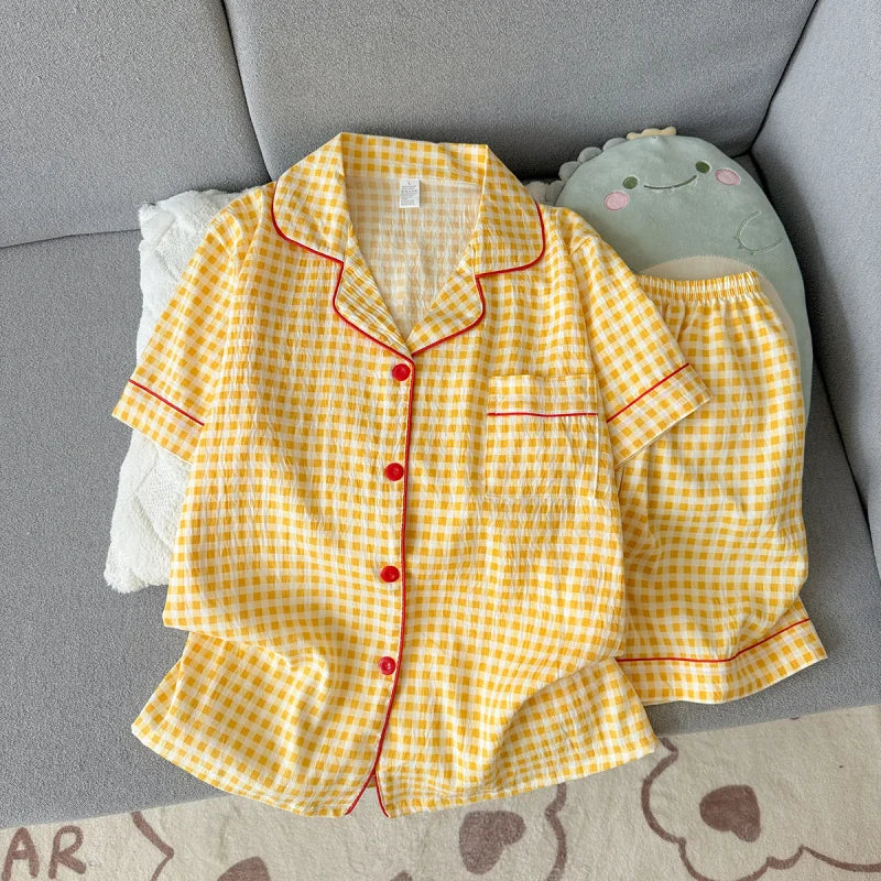 Pyjama short femme vichy jaune à finitions rouges