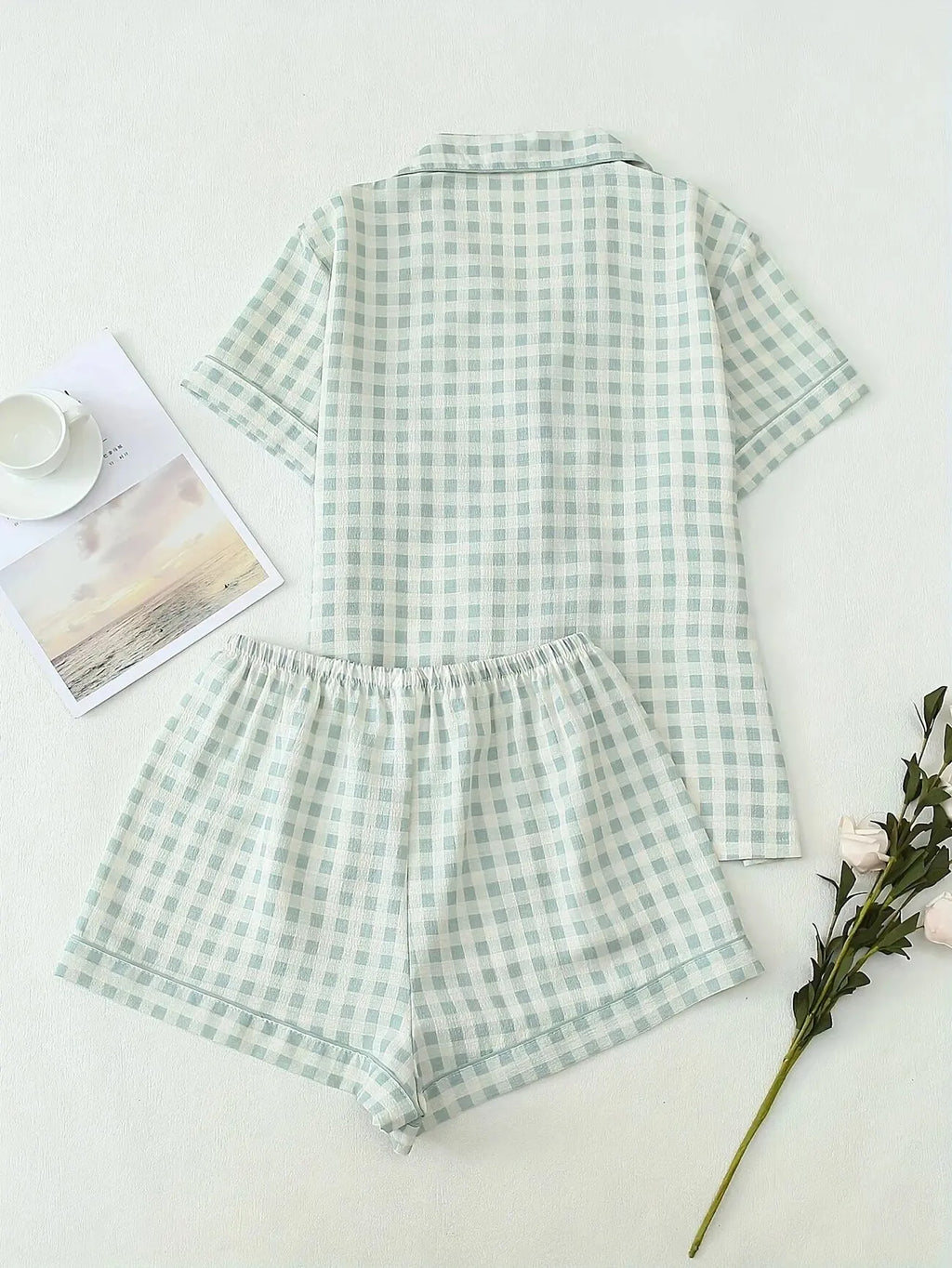 Ensemble pyjama femme vichy vert avec chemise et short