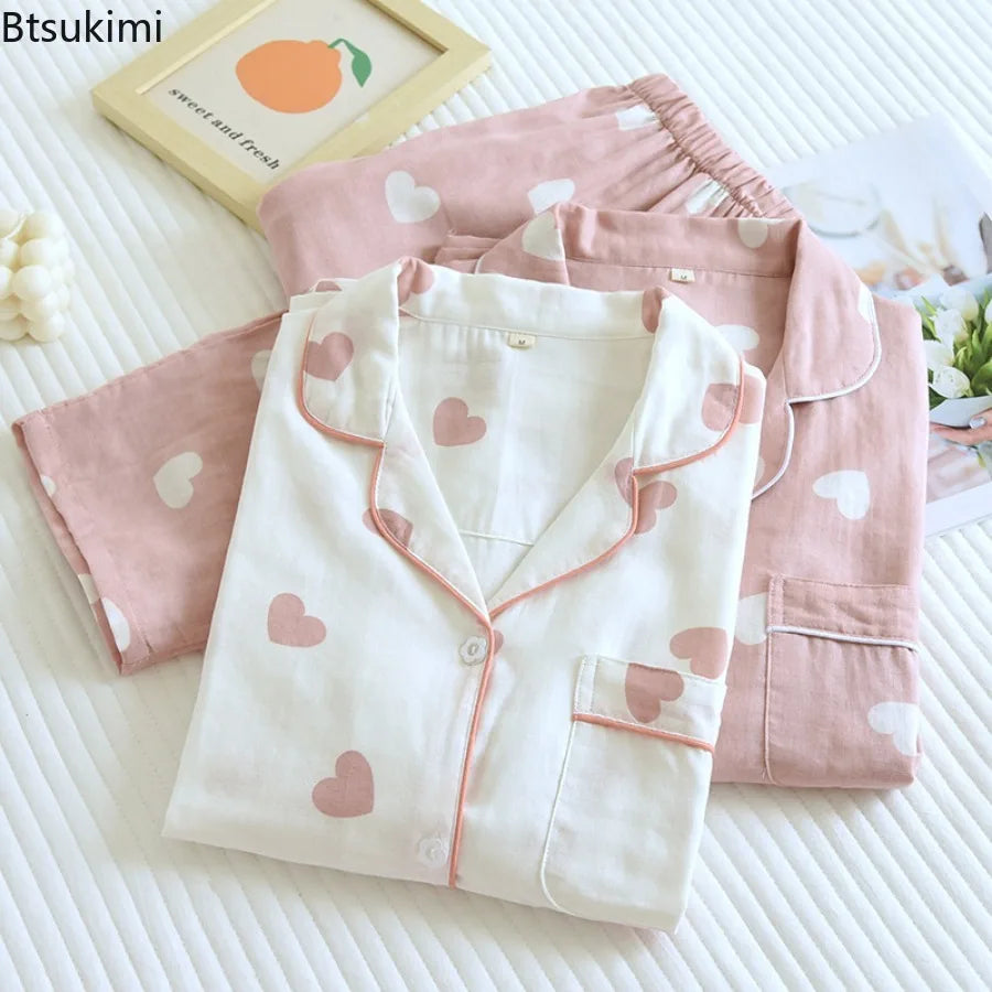 Pyjama femme en coton à cœurs, court ou long