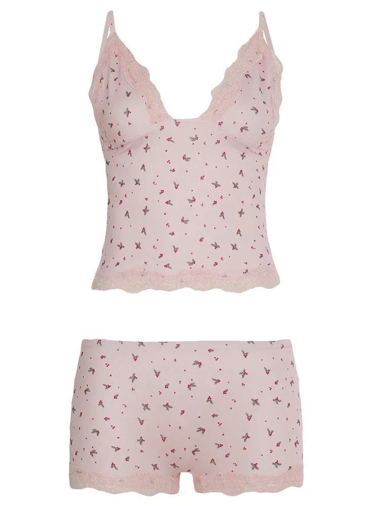 Pyjama femme fleuri avec caraco en dentelle et short
